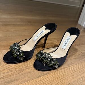 Jimmy Choo Trance High Heeled Black Satin Jeweled Slide Mule 39.5